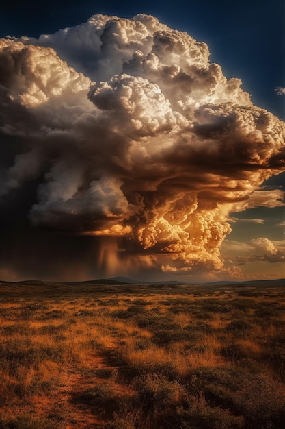 Una nube de tormenta sobre un campo con un campo en el fondo