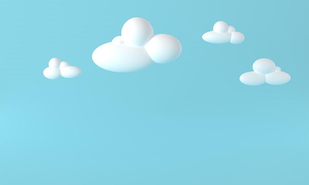 Nubes 3d blancas sobre fondo azul Render nubes esponjosas de dibujos animados redondos suaves en el cielo azul Ilustración de formas geométricas 3d Representación 3d cloudscape fondo horizontal Banner cielo azul