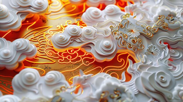Nubes 3D intrincadas con acentos dorados