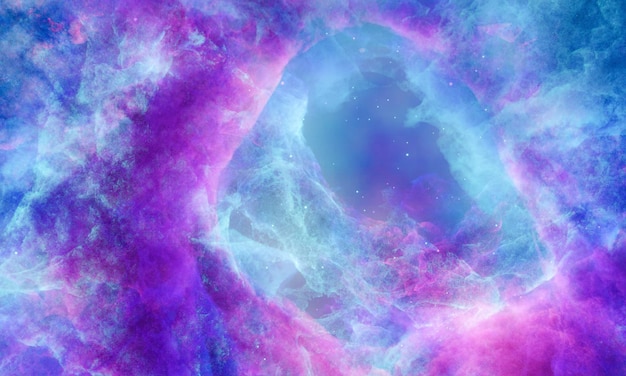 Foto nubes de aerosol bruma espacial o rayos cósmicos rosa azul pastel cielo espacial con muchas estrellas viaje en el universo renderización 3d