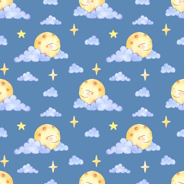Nubes azules acuarela dibujadas a mano con un patrón transparente de luna sonriente Aislado sobre fondo azul Se puede utilizar para papel tapiz de tela de regalo textil para niños