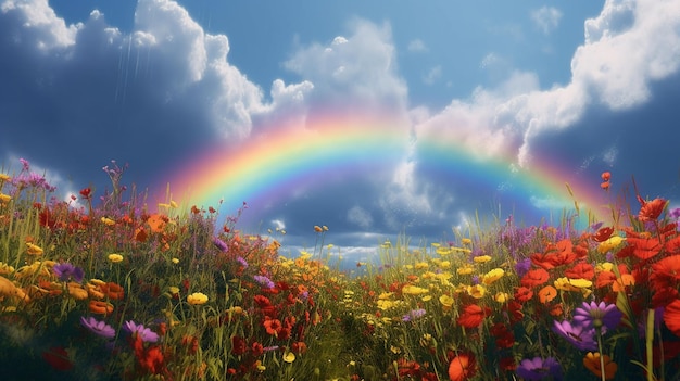 Nubes azules, arco iris, flores brillantes, luz solar brillante, imagen generada por la IA.