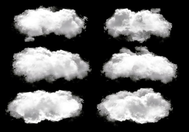 Nubes blancas aisladas sobre un fondo negro sólido Ilustración 3D realista de nubes Renderización de la forma de las nubes Clipart de nubes aisladas