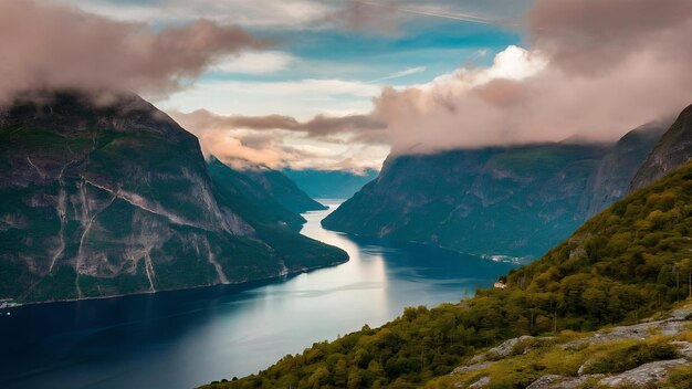 Las nubes blancas cubren los hermosos fiordos de Noruega