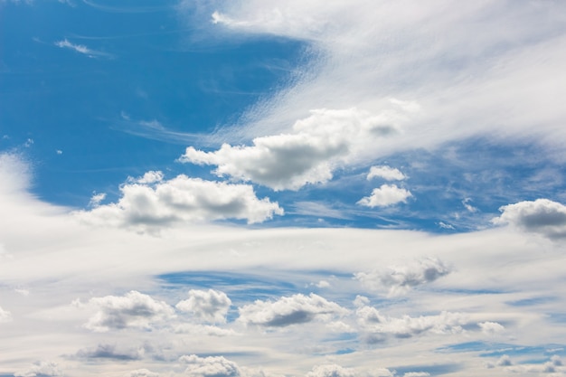 Nubes blancas de diferentes formas en el fondo de un cielo azul_
