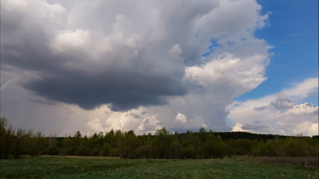 Nubes blancas que se forman sobre un bosque verde y sobre un cielo azul en un cálido día soleado de verano