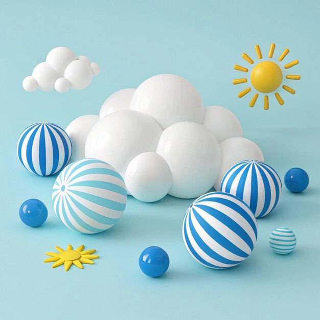Nubes blancas con rayas azules y bolas sólidas y soles amarillos sobre un fondo azul claro