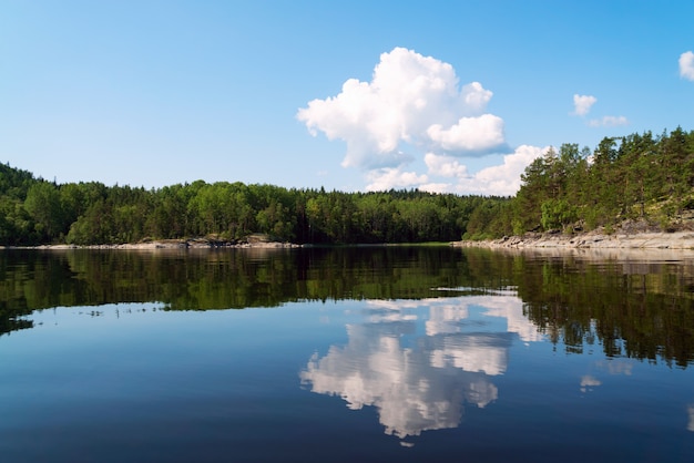 Nubes blancas con reflejo en el lago