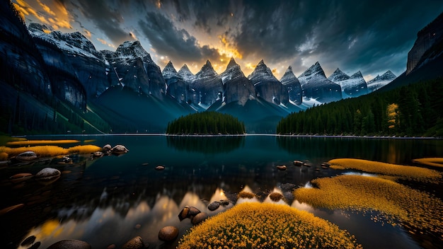 Nubes Cielos Montañas Lago sereno místico paisaje ilustración Ai generado para impresión digital giras viajes folletos instagram pintura al óleo folletos volantes