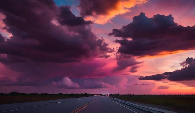 Nubes de color anochecer en la carretera de fondo