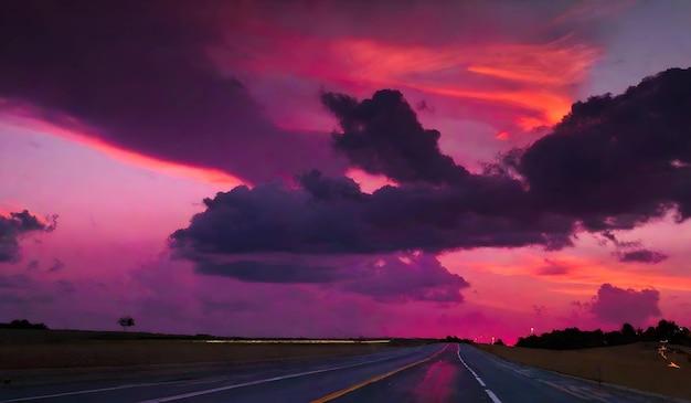 Nubes de color anochecer en la carretera de fondo