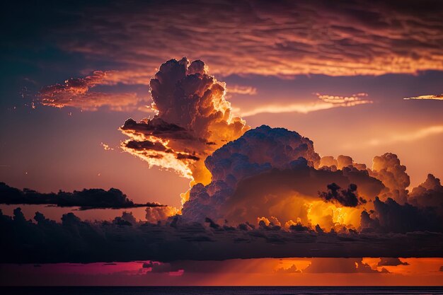Nubes coloridas en un paisaje nublado al atardecer cerca del océano