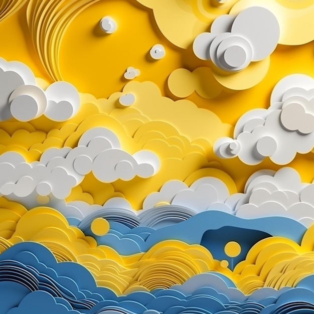 Nubes de corte de papel y fondo de concepto creativo amarillo