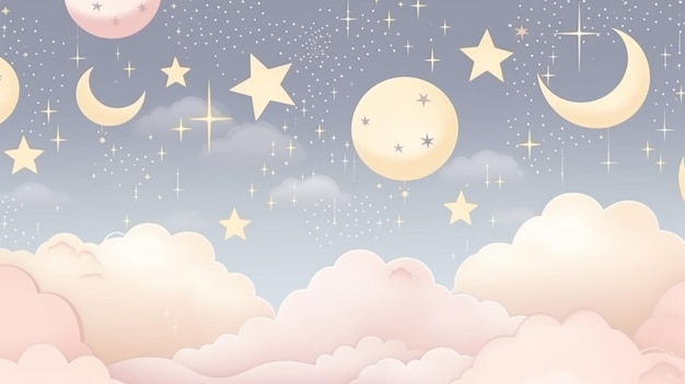 Nubes sin costuras estrellas y media luna de fondo en colores pastel pálidos para el papel pintado de la habitación del niño