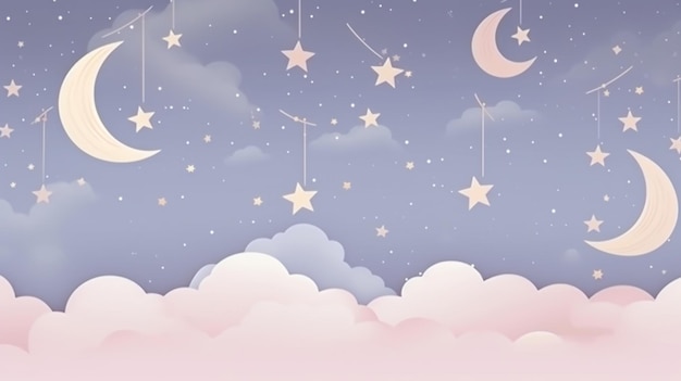 Nubes sin costuras estrellas y media luna de fondo en colores pastel pálidos para el papel pintado de la habitación del niño