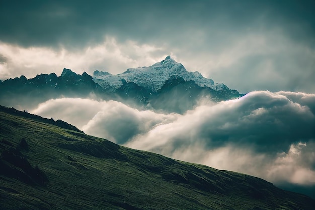 Nubes densas separan las montañas cubiertas de nieve y la ilustración 3D del valle verde