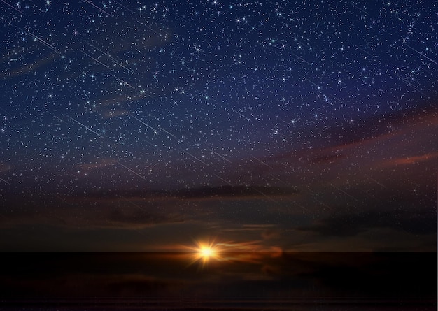 nubes dramáticas cielo estrellado caída de estrellas anl naranja puesta de sol noche de verano nublado paisaje marino naturaleza fondo