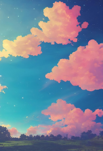 Nubes dramáticas en un hermoso jardín natural rural una ilustración en un fondo de anime