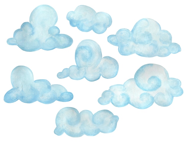 Nubes esponjosas azules. Conjunto de ilustraciones infantiles. Dibujado a mano. Aislado sobre fondo blanco.