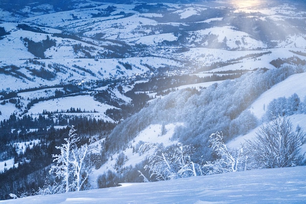 Las nubes esponjosas se refugian bajo la nieve blanca protegidas por bosques y hermosas montañas