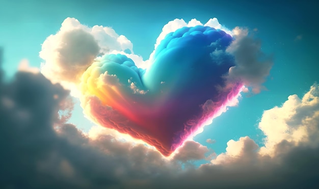 Nubes en forma de corazón en un brillante espectro de colores contra un fondo de cielo azul