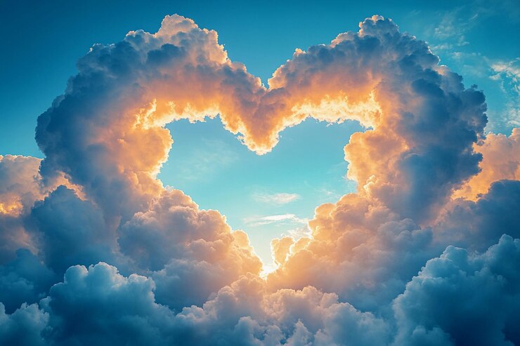 Las nubes en forma de corazón que brillan al atardecer crean una atmósfera romántica en el cielo AI generativa