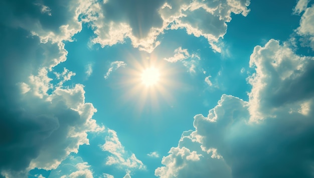 Nubes en forma de corazón y un sol brillante en un cielo azul Concepto de amor y felicidad