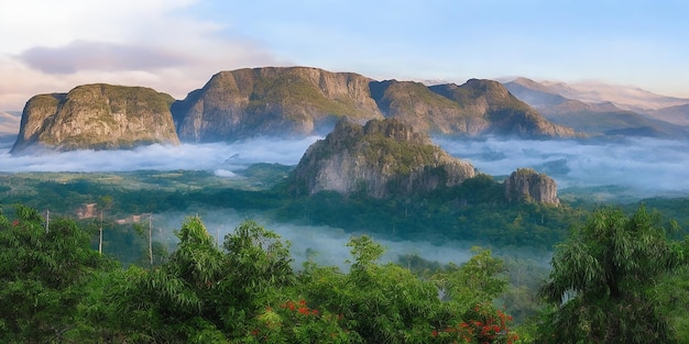 Nubes y grandes árboles bajo enormes montañas.