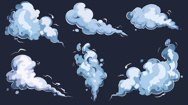 Foto nubes de humo aisladas en un fondo oscuro ilustración moderna que muestra humo de polvo o bocanadas de vapor después de la explosión efecto de niebla de vapor o niebla elemento de diseño de juego cómico