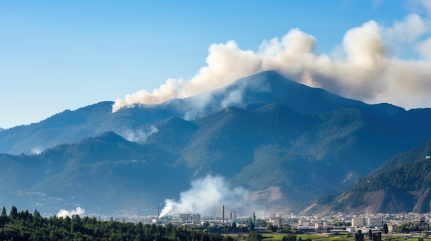 Nubes de humo se elevan desde una cercana ciudad industrial en contraste con la belleza natural de la