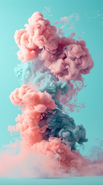 Nubes de humo rosadas, azules y blancas flotan suavemente en el aire contra un fondo neutral.