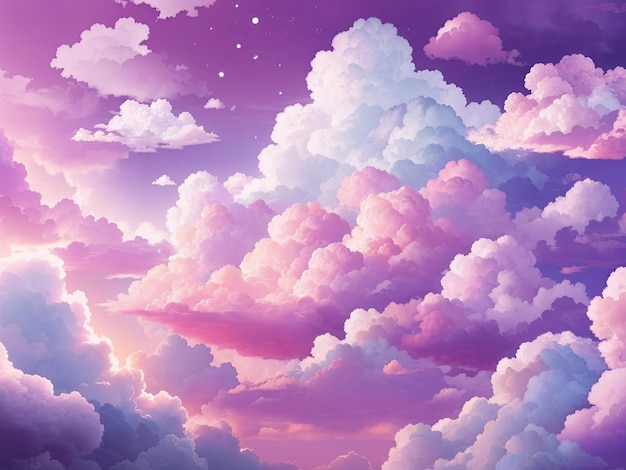 Nubes kawaii cielo morado para fondo de pantalla