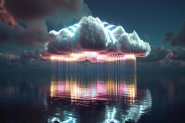 Nubes con luces reflejadas en el agua por la noche