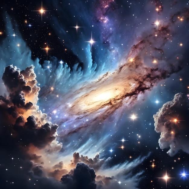 Nubes de polvo galáctico con estrellas y polvo espacial en el universo