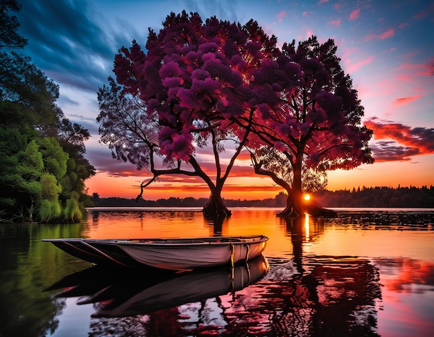 Foto nubes rojas puesta de sol paisajes naturales mágicos bosque árbol lago agua papel tapiz fotografía de fondo