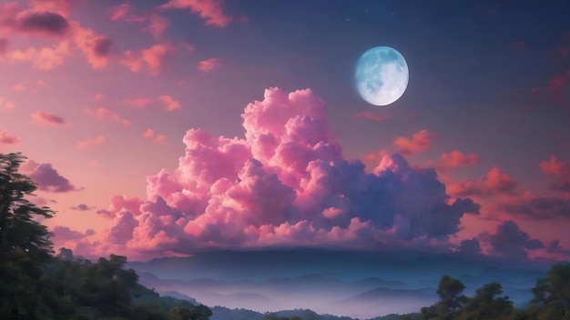 Nubes rosadas azules con luna vívida en el cielo de la tarde