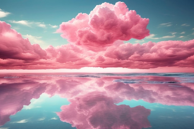 Nubes rosadas en el cielo turquesa sobre el mar agua tranquila colores pastel fantásticos hermoso paisaje