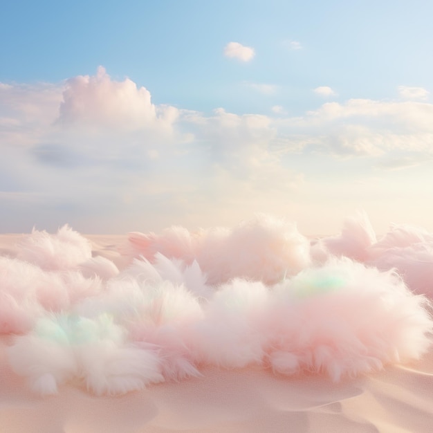 Nubes rosadas y esponjosas en el suelo con un cielo azul y nubes blancas en el fondo
