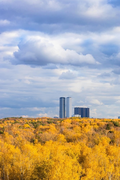 Nubes sobre bosques amarillos y edificios altos