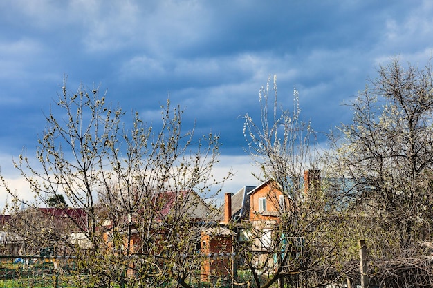 Nubes sobre casas de campo y cerezos