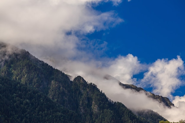 Nubes sobre las cimas de las montañas rocosas cubiertas de árboles