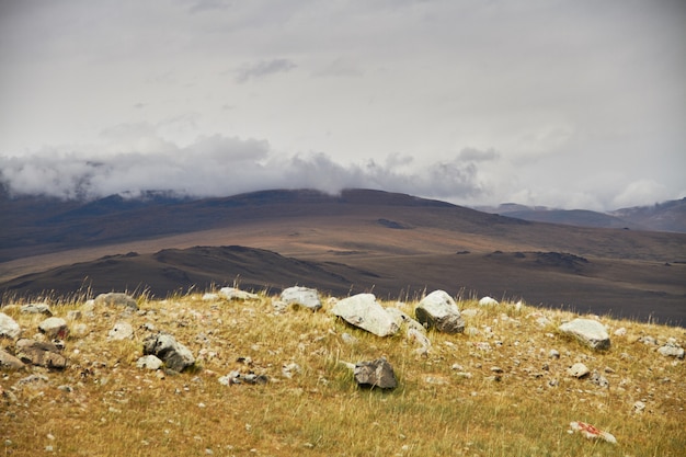 Nubes sobre los espacios abiertos de la estepa, nubes de tormenta sobre las colinas. La meseta de Ukok en el Altai. Fabulosos paisajes fríos. Cualquiera alrededor