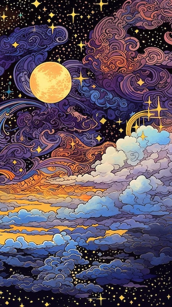 Nubes Sol Estrellas y Luna Ilustración Fondo de pantalla