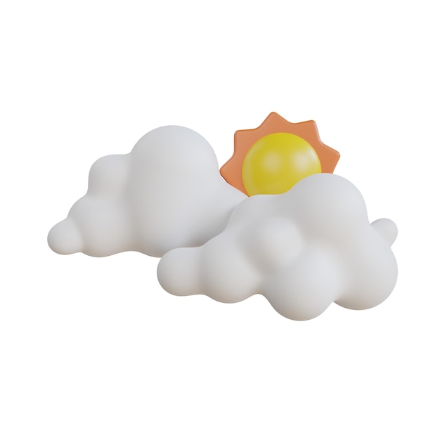 Nublado com sol Conceito de dia ensolarado Sol 3d com nuvens Ícone do tempo