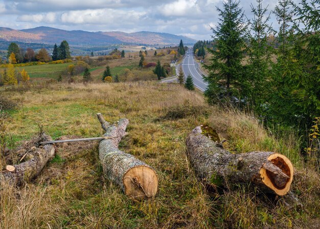 Nublado otoño Cárpatos y carretera en paso de montaña Ucrania