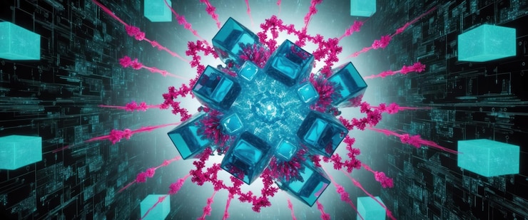 Foto un núcleo de computación cuántica flotando en el ciberespacio iluminado con colores vibrantes