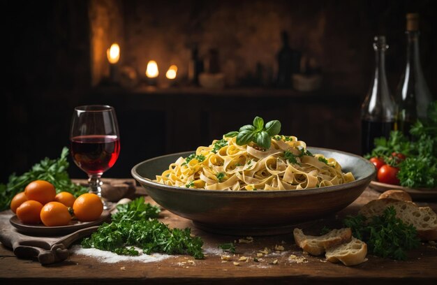 Nudeln mit Fleisch, Gemüse und Wein