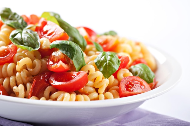 Nudeln mit frischen Tomaten und Basilikum auf einem Teller