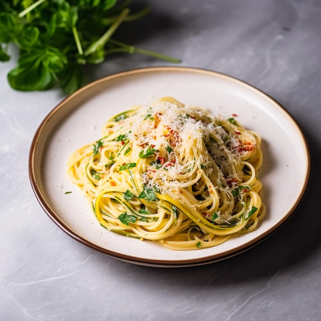 Nudeln mit Gemüse und Parmesankäse auf Marmortisch, hausgemachtes einfaches Rezept für Mittag- oder Abendessen, nachverarbeitete generative KI