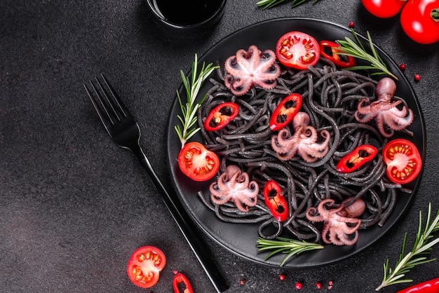 Nudeln mit schwarzen Meeresfrüchten, Garnelen, Tintenfisch und Muscheln. Mediterranes Gourmet-Essen. Schwarze Nudeln mit Tintenfisch auf einer schwarzen Steinplatte